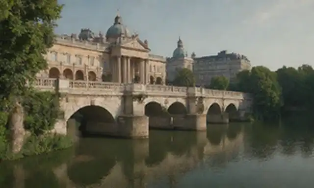 Paisaje urbano europeo del siglo XVIII con puentes ornamentados, grandes cúpulas y arcos barridos, con arquitectura inspirada en barroco en medio de una vegetación exuberante y suaves vistas al río, tallas sutiles de piedra, metales intrincados y delicados mosaicos, mostrando la intersección del arte y la ingeniería