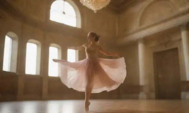Una bailarina dinámica en movimiento, faldas giratorias, iluminación dorada, arquitectura clásica, balerina pose, gestos elegantes, movimientos fluidos, expresión artística, energía creativa, belleza y movimiento enlazado
