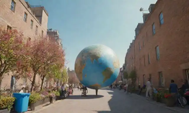 Greenery, cielo azul, edificios sostenibles, turbinas de viento, paneles solares, contenedores de reciclaje, bicicletas, peatones, niños jugando, huellas de mano hechas de materiales naturales, un globo con una sonrisa, sol, mariposas volando alrededor, floración de flores, un paisaje urbano brillante y limpio, un ambiente tranquilo