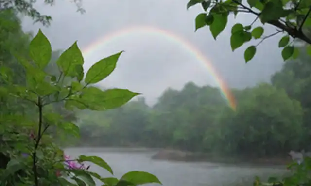 Una exuberante vegetación, un cielo azul, gotas de lluvia sobre las hojas, el agua fluyendo, las flores floreciendo, las mariposas fluttering, un árbol con ramas outstretched, un arco iris en el fondo, ambiente sereno, belleza natural, armonía con la naturaleza
