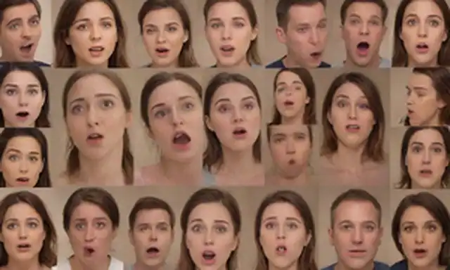 Un collage de rostros diversos con diferentes emociones, expresiones y posturas, mostrando diversos rasgos de personalidad tales como confianza, entusiasmo, calma, ansiedad, confianza, curiosidad, introversión, extroversión, asertividad, timidez, optimismo, pesimismo, bondad, empatía, independencia, adaptabilidad y juguetez