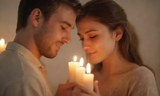 2 personas abrazando, velas encendidas, foco suave, fondo de malicia, manos entrelazadas, suave sonrisa, ojos llenos de alma, calor, serenidad, intimidad, conexión