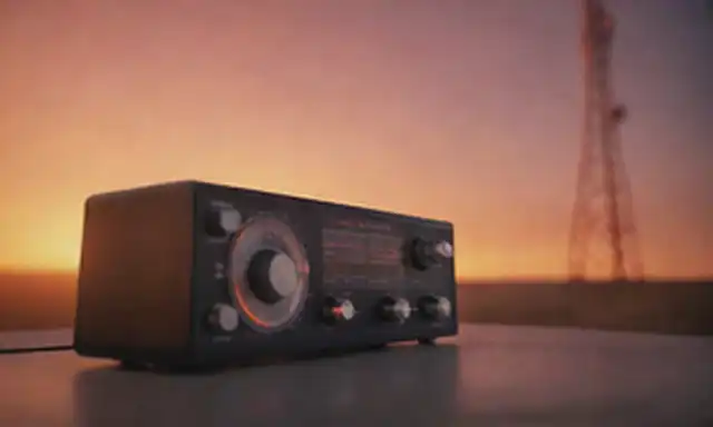 ilustración 3D de una onda de radio, diales analógicos y una torre de transmisor; colores cálidos para AM, colores frescos para FM; patrones de onda sutiles en el fondo, enfatizando técnicas de modulación