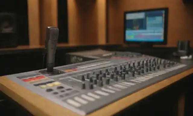 Una composición de pantalla dividida con una consola de radio de colores cálidos en un lado y un estudio de radiodifusión elegante y moderno en el otro; un micrófono colocado prominentemente frente a una tabla de mezcla colorida; una sutil pista de ondas de audio o frecuencias de sonido que irradian desde el centro de la imagen; colores vibrantes para representar la naturaleza dinámica de la radiodifusión