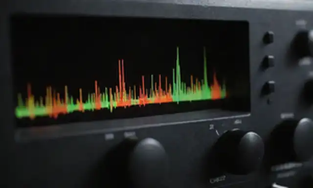 Una forma de onda con un gráfico de frecuencia superpuesta en la parte superior, un dial de sintonización o un pomo, una antena de radio o un auricular, una mezcla de frecuencias altas y bajas representadas en diferentes colores