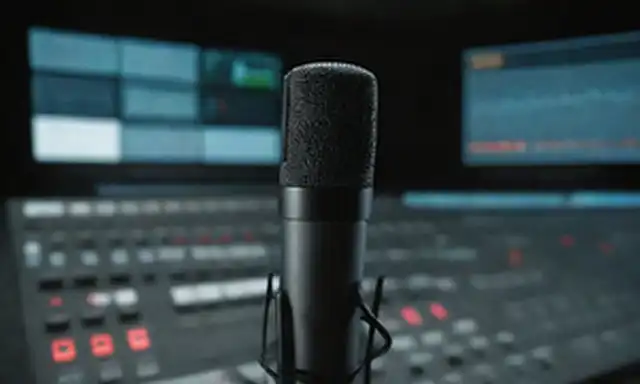 ondas de radio 3D, máscaras de antena, estudio de radiodifusión, auriculares, ondas, convergadura, diales FM/AM, micrófono, altavoces, ondas de sonido, torre de transmisión, dispositivo de recepción