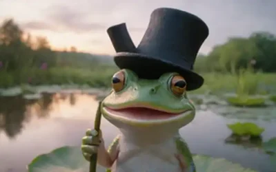 Un personaje de anfibio lúdico con un sombrero superior y sosteniendo un bastón