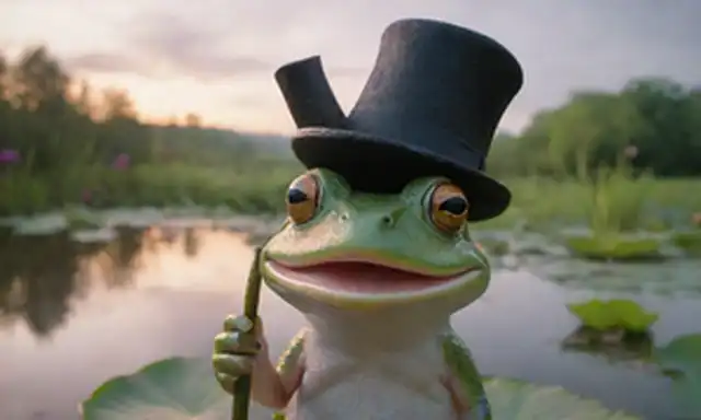 Un personaje de anfibio lúdico con un sombrero superior y sosteniendo un bastón