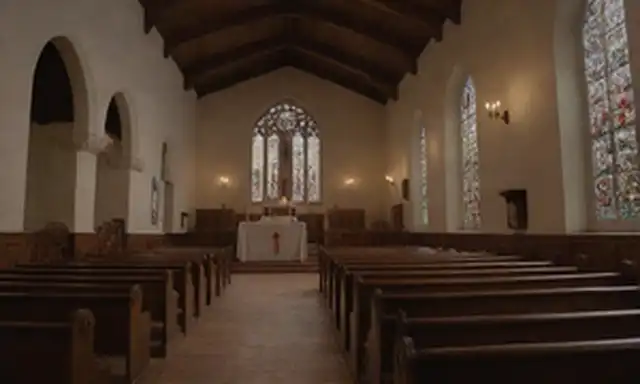 Edificio de iglesia del siglo XVII con una empinada