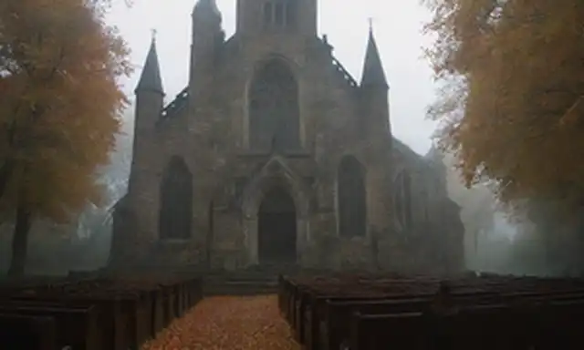 iglesia de piedra del siglo XVII, vidrieras, arquitectura gótica, detalles ornamentales, ambiente real, iluminación sutil, niebla suave, follaje de otoño, entorno rústico