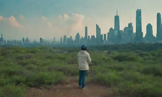 Una persona sola en un planeta Tierra con océanos azules y bosques verdes; rodeada de símbolos de tecnología humana, como rascacielos, coches y aviones; con un fondo sutil que insinúa la degradación ambiental, como la contaminación o la deforestación; destacando el dominio de la presencia humana sobre la naturaleza