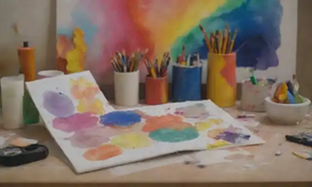 Un vibrante collage con diversas formas y colores, una paleta de pintura esparcida, un cuaderno lleno de pinceladas variadas, esculturas abstractas, una pieza de instalación caprichosa, una composición de vida tranquila, un mosaico lúdico, una pintura expresiva acuarela, una atrevida obra mediática mixta, herramientas artísticas dispersas alrededor de los bordes