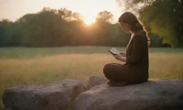 Un paisaje sereno con un suave arroyo, árboles pacíficos, y un cálido resplandor de sol; una persona sentada en una roca, las manos atornilladas en oración; una Biblia abierta a un pasaje relevante; una paloma reconfortante encaramada cerca, simbolizando la paz