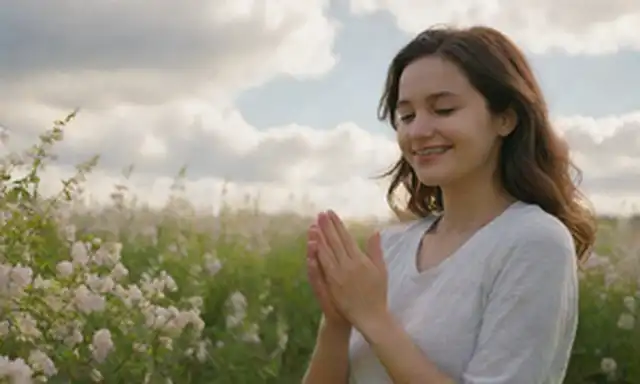 Un paisaje tranquilo, tranquilo y sereno con una suave luz solar, con un rostro sonriente, con las manos en oración, rodeado de flores florecientes, viñas, y suaves y suaves nubes, con sutil sombra para transmitir bondad, humildad y compasión.