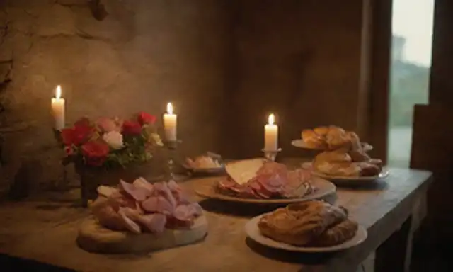 Un ambiente vibrante y rústico con mesas de madera, iluminación y decoración vintage, con un plato de panes artesanales, charcutería y quesos en una bandeja atada, rodeado de flores frescas y velas