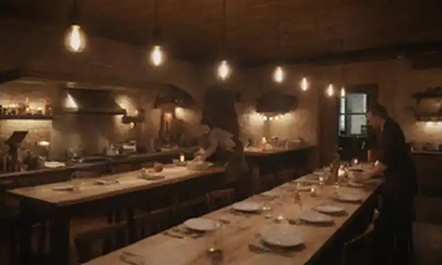 Un acogedor restaurante con iluminación cálida, mesas rústicas de madera, vasos de vino, velas, una cocina ocupada en el fondo, un chef expertamente preparando platos, aromas ondeando por el aire, productos frescos y carnes en exhibición, un sentido de comodidad e intimidad