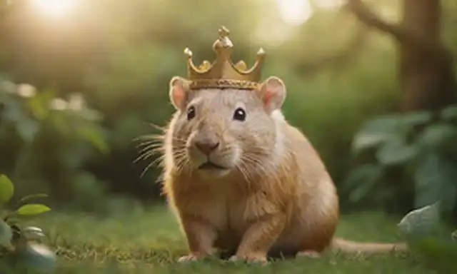 3D rendering of a rodent holding a miniature corona, with a lions tail in the background, amidst lush greenery, soft focus effect, warm golden lighting, sutil textura overlay, whimsical illustrate style