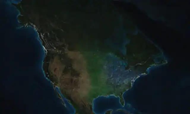 Mapa de América con regiones geográficas destacadas, montañas y valles representados en tonos azules y verdes, islas dispersas a través de los océanos, ciudades vibrantes iluminadas por la noche, y líneas sutiles de contorno que recorren costas y fronteras