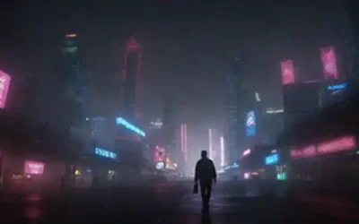 un paisaje urbano con impresionantes rascacielos y luces de neón