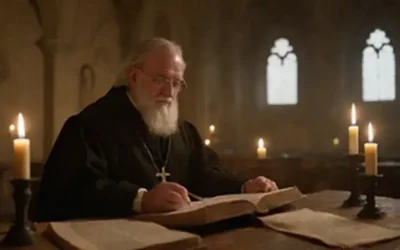 Erudito del siglo 14 rodeado de tomes antiguos