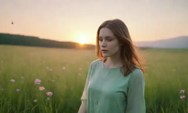 Una persona de pie en un prado verde brillante con una sutil puesta de sol gradiente detrás de ellos, rodeada de flores florecientes y algunas mariposas dispersas, transmitiendo un sentido de paz y armonía, con una suave brisa soplando a través de su cabello y ropa, simbolizando los valores de compasión, empatía y respeto mutuo