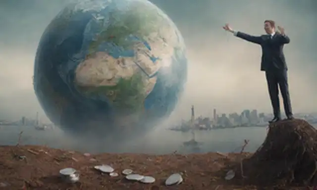 Un mapa con flechas rojas apuntando a tierras lejanas, un par de manos agarradas aplastando un globo, una persona encadenada a una bandera colonial, un barco que navega lejos de un paisaje urbano hundiendo, una persona en un traje caminando sobre una pila de monedas con una venda en, un árbol con raíces envuelto alrededor de la Tierra con alambre de púas