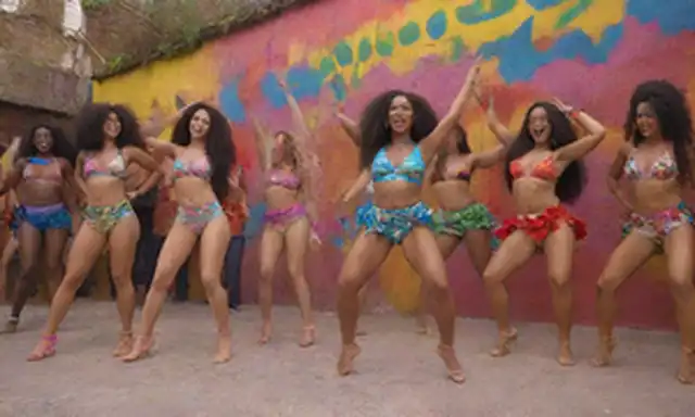 bailarines 3D en colores vibrantes, patrones rítmicos en paredes, ritmos afro-latinos, flores tropicales, ritmos energéticos, iluminación dinámica, paisaje urbano, instrumentos reggaeton, fiesta callejera animada, fusión cultural, expresiones alegres, energía viva