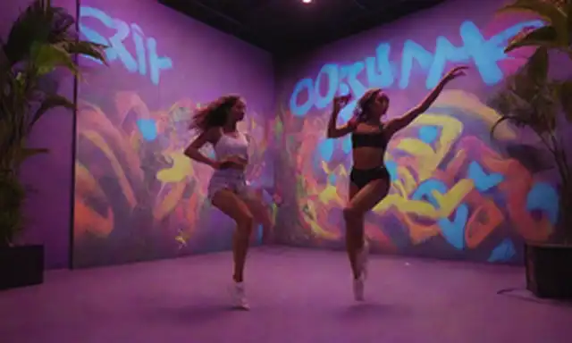 Bailarines 3D en telón urbano neon-lit, rodeados de plantas tropicales, discos DJ energéticos, paredes de graffiti coloridas, vibrantes arte callejero, baterías rítmicas, luces de ciudad pulsando al atardecer