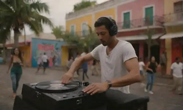 escena urbana inspirada en la década de 1970 en San Juan, Puerto Rico, con un DJ girando discos de vinilo, bailarines moviéndose al ritmo, y grafiti colorido en las paredes, rodeado de palmeras y arquitectura colonial española, vibrante ambiente de vida nocturna, clima tropical, luces pulsantes, multitud energética, música infecciosa