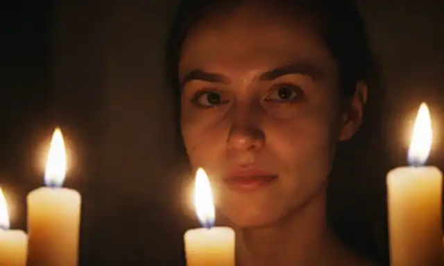 Un retrato oscuro e intenso de un individuo con un esmirante sutil, rodeado de velas o sombras ligeramente iluminadas, que transmiten superioridad, autoabsorción e indisponibilidad emocional, con toques de agresión y manipulación