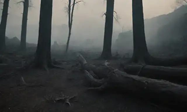Un bosque oscurecido, árboles antiguos carbonizados y ennegrecidos, plantas fosilizadas, tonos terrenales, rocas volcánicas, una sensación de decadencia, sombras arrojadas sobre el suelo