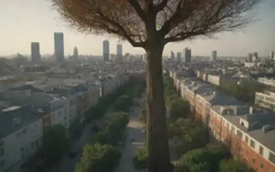 Un paisaje urbano con edificios interconectados que representan la centralización