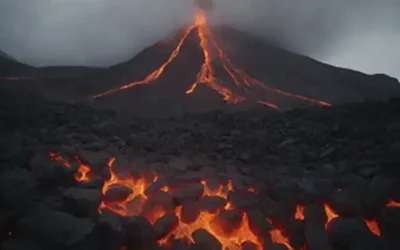 Lava moldeada fluye de una ventilación volcánica