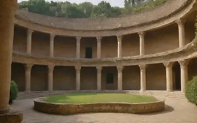 Un majestuoso anfiteatro romano antiguo con una vasta zona de estar curvada rodeada de arcos y columnas