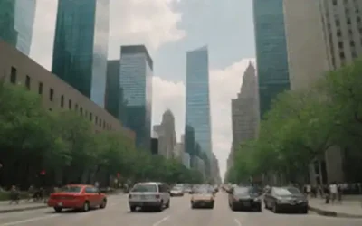 una ajetreada escena urbana con impresionantes rascacielos