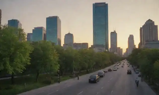 Paisaje metropolitano con edificios altos, esguince urbano, calles ocupadas, diversos estilos arquitectónicos, espacios verdes, personas de diferentes culturas y edades, bicicletas y coches, ciudad skyline al atardecer o noche