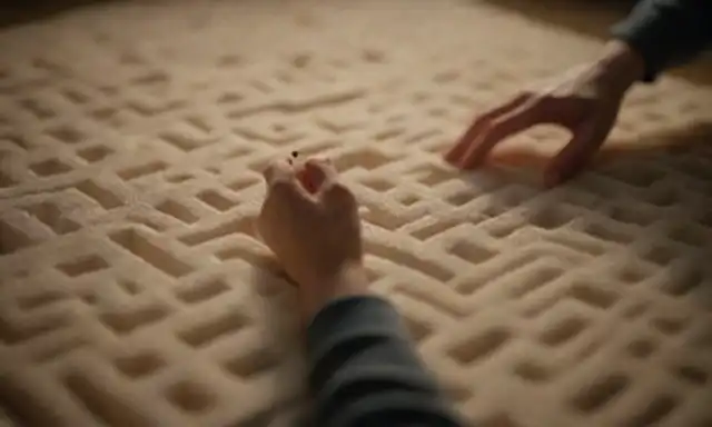 Una persona que medita en medio de un laberinto de hilos interconectados, sombras sutiles insinúan la complejidad del significado, una fuente de luz débil sugiere iluminación, enfoque suave en las manos sosteniendo una delicada pieza de rompecabezas, transmitiendo contemplación reflexiva