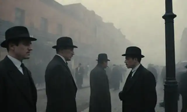 1920s-30s escena urbana, colores decolorados, humo y niebla, trajes negros, fedoras, símbolos fascistas, retrato de Benito Mussolinis, soporte para periódicos, lámparas callejeras, atmósfera de eerie