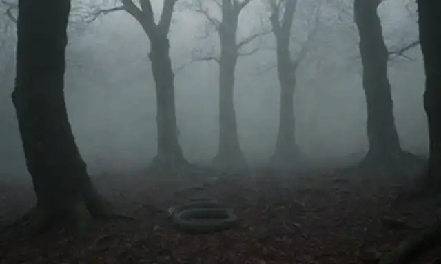 Un bosque oscuro con árboles retorcidos, una criatura como serpiente que emerge de sombras, un débil resplandor emanando de una fuente de luz distante, un sutil indicio de ruinas antiguas en el fondo, un ambiente extraño con niebla malvada, un sentido de precipicio e incesante