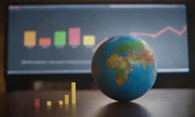 globo 3D con una rodaja cortada para revelar un diagrama de flujo de dinero dentro, un gráfico de barras y un gráfico superpuesto en la parte superior, indicadores económicos sutiles símbolos tales como signos de dólar y iconos de flecha, colores cálidos para el crecimiento y colores frescos para el declive, una persona pequeña en el fondo mirando los datos