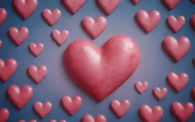 Collage of hearts surrounded by swirling digital patterns