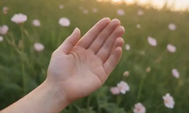 Un paisaje sereno, luz suave, colores suaves, forma de corazón abierto, mano tierna sosteniendolo, flores o hojas alrededor, ambiente tranquilo, sin bordes agudos, vibraciones calmantes, textura sutil