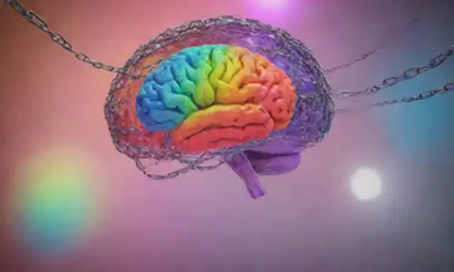 Una burbuja de pensamiento borroso flotando por encima de un cerebro con neuronas brillantes, rodeada de cadenas rotas y espejos rotos, en medio de un vórtice giratorio de colores, representando el destrozo del pensamiento dogmático; En el fondo, un esquema sutil de una persona cuestionando sus propias certezas, insinuando la introspección y la auto-doblación
