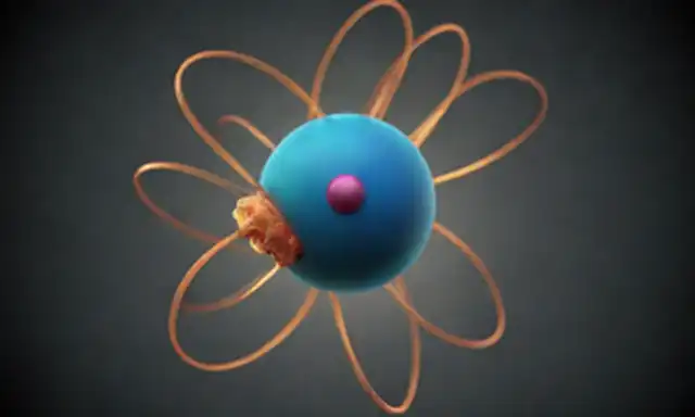 Átomo 3D con cáscaras, orbitales, electrones y núcleos, colores para diferentes niveles de energía, caminos destacados, estructura atómica, formas esféricas, movimiento de onda, ilustración mecánica cuántica