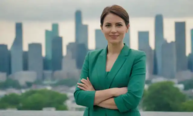 una persona de pie con confianza frente a un horizonte de la ciudad, mano sobre la cadera, con un toque de sonrisa, rodeada de sutiles tonalidades azules y verdes, que transmiten liderazgo y profesionalidad
