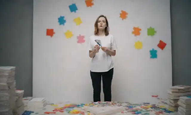 Una persona de pie frente a un lienzo en blanco, sosteniendo un pincel con trazos coloridos, rodeado de piezas de rompecabezas, con una lupa en la parte superior de una pila de libros, en medio de un fondo sutil con toques de codificación símbolos y formas
