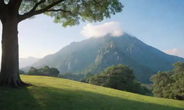 Un paisaje sereno con un árbol o una montaña en su centro, rodeado de vegetación exuberante y cielos azules, simbolizando la armonía con la naturaleza, una coexistencia pacífica entre los seres humanos y el medio ambiente, y el valor inherente de los derechos naturales en la experiencia humana; un toque sutil de amanecer o atardecer para representar la esperanza, la renovación y la conexión inherente entre la humanidad y el mundo natural