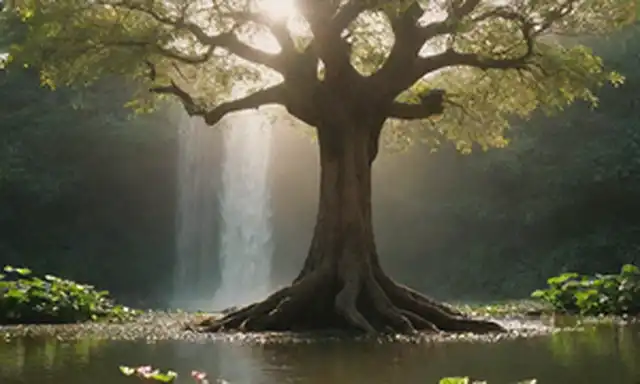 un paisaje sereno con un majestuoso árbol en el centro, flores de loto que rodea su tronco, suave cascada que fluye de la base, sol brillando sobre la cabeza, aves volando tranquilamente alrededor