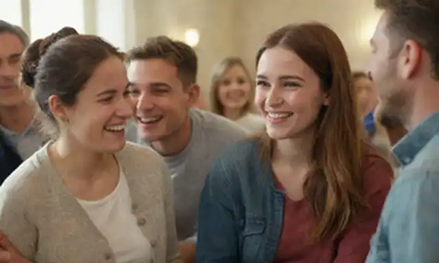 Un ambiente cálido y acogedor, una persona rodeada de amigos o seres queridos, sonriendo y riendo juntos, un sentido de unión y conexión, gente de diferentes paseos de la vida reuniéndose, una mezcla de culturas y edades