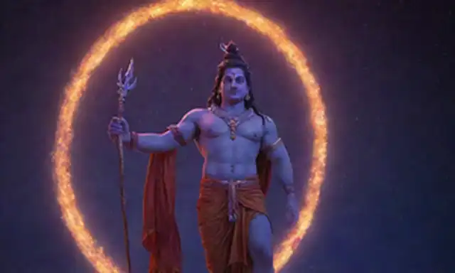Representación 3D de Shiva como Maheshvara, rodeado de halo ardiente, sosteniendo un tridente, de pie sobre toro Nandi, con luna crescente adornando su frente, contra un fondo azul oscuro o púrpura con estrellas y galaxias, insinuando el cosmos